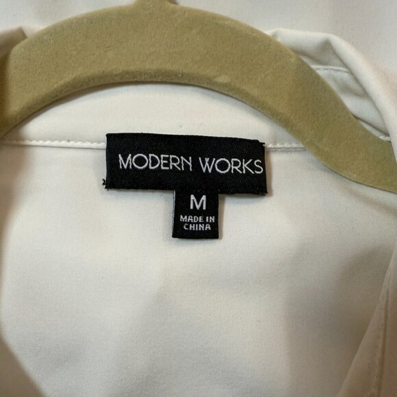 Modern Works Blouse Women Medium Cream Twist Front Gathered Long Sleeve Collared - Picture 3 of 6